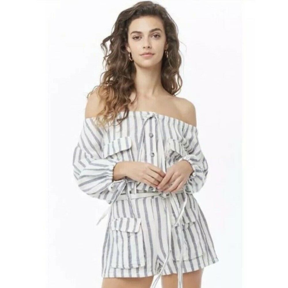 🌸Forever21 Stripe Linen Blend Off Shoulder Romper